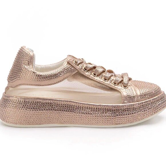 Callie Lives Shoes - Miz Shimmer and Shine: Rose Gold Mesh Rhinestone Stylish Comfort Sneakers
